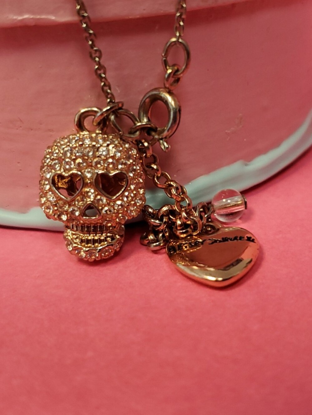 Betsey Johnson Crystal Skull Charm Necklace